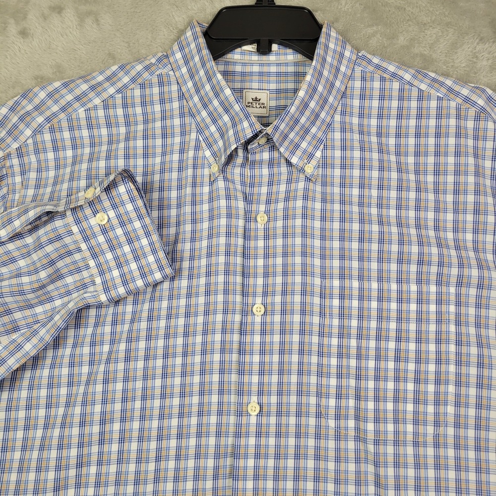 Peter Millar Men's 2XL Blue Yellow Plaid Button Down Long Sleeve Casual Shirt